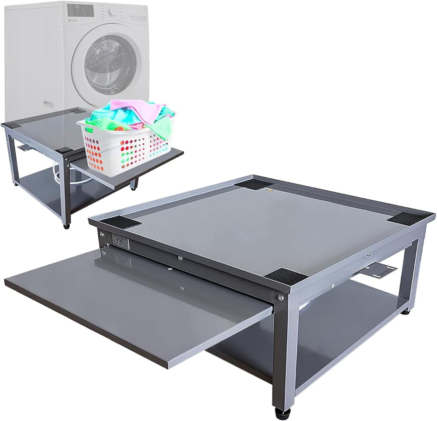 EZ LAUNDRY Universal Fit Washer & Dryer Pedestal with Pull Out Shelf (Deluxe), Storage Shelf and Drain Pan