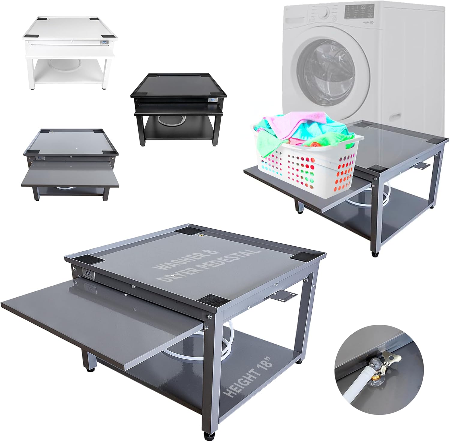 EZ LAUNDRY Universal Fit Washer & Dryer Pedestal with Pull Out Shelf (Deluxe), Storage Shelf and Drain Pan