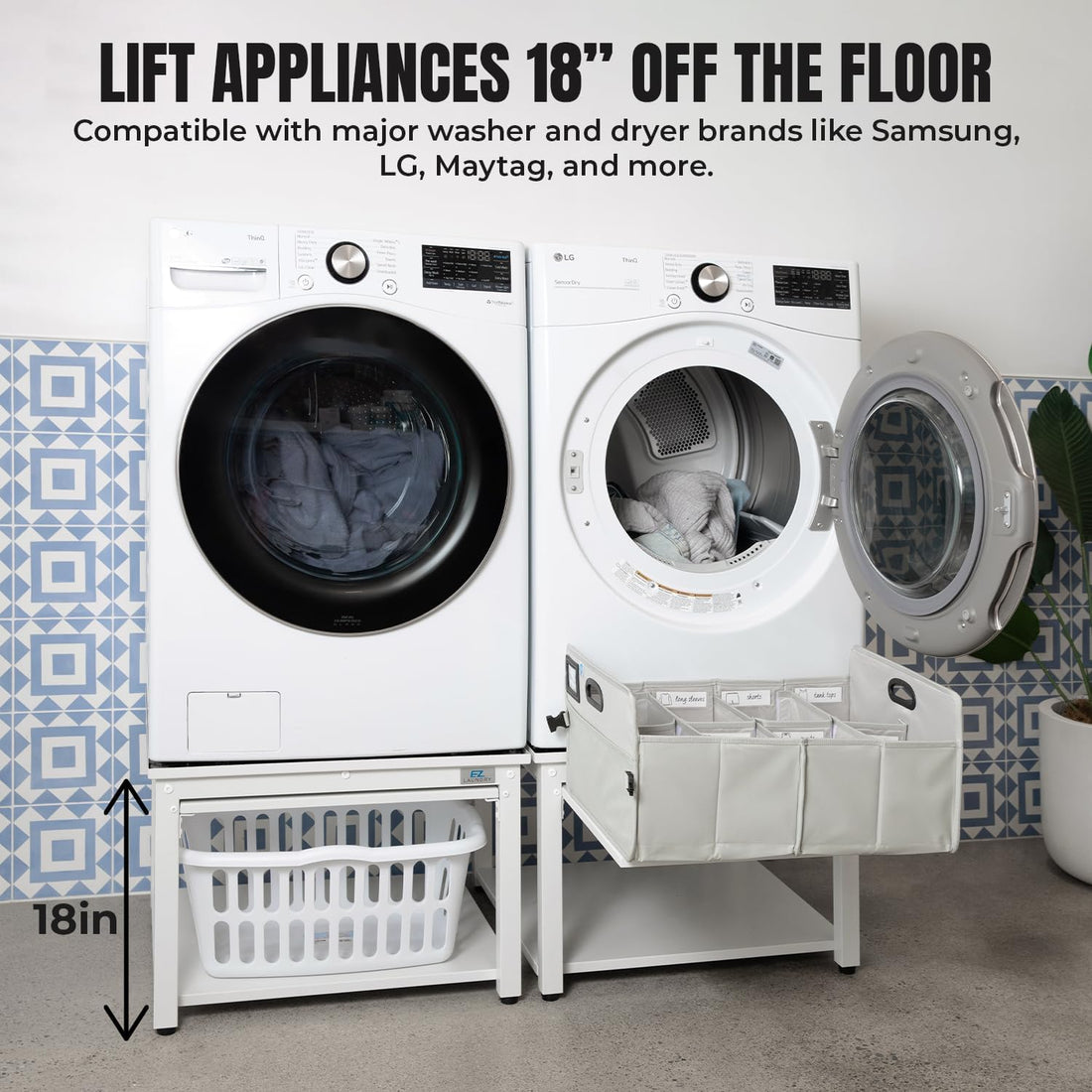 EZ LAUNDRY Universal Fit Washer & Dryer Pedestal with Pull Out Shelf (Deluxe), Storage Shelf and Drain Pan