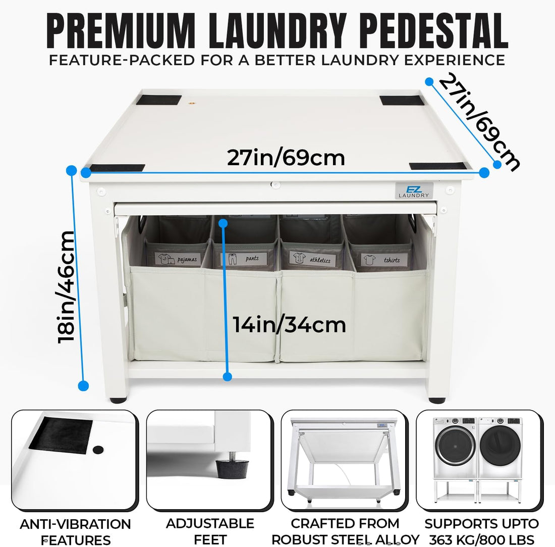 EZ LAUNDRY Universal Fit Washer & Dryer Pedestal with Pull Out Shelf (Deluxe), Storage Shelf and Drain Pan
