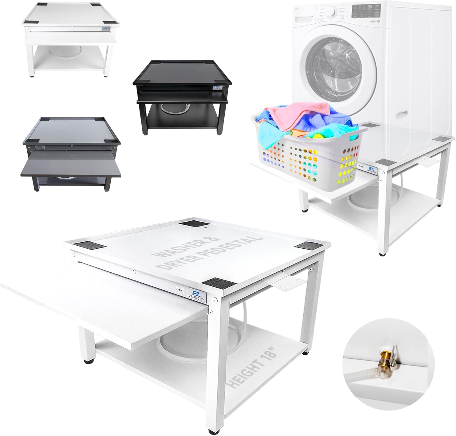 EZ LAUNDRY Universal Fit Washer & Dryer Pedestal with Pull Out Shelf (Deluxe), Storage Shelf and Drain Pan