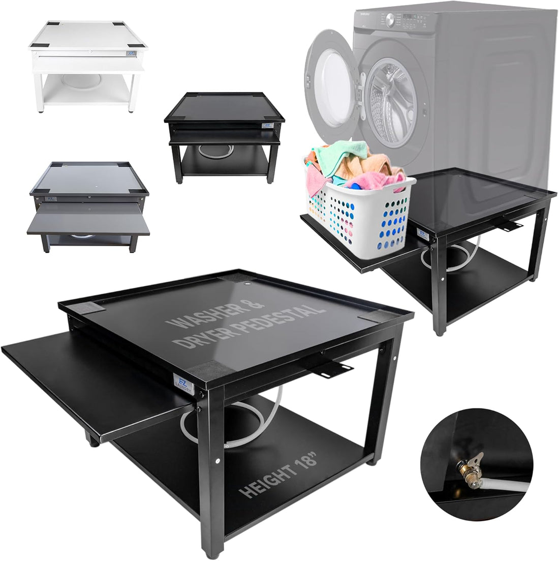 EZ LAUNDRY Universal Fit Washer & Dryer Pedestal with Pull Out Shelf (Deluxe), Storage Shelf and Drain Pan