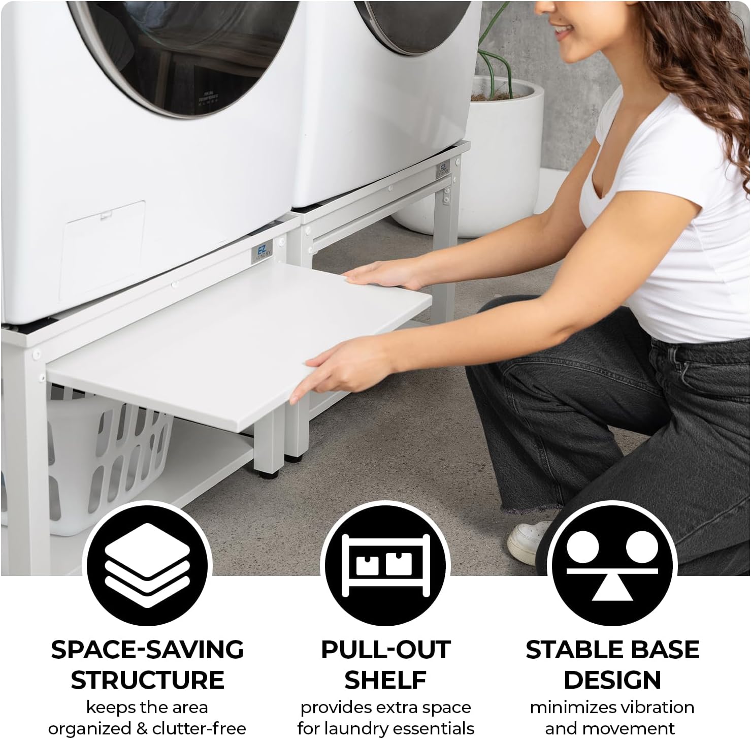 EZ LAUNDRY Universal Fit Washer & Dryer Pedestal with Pull Out Shelf (Deluxe), Storage Shelf and Drain Pan
